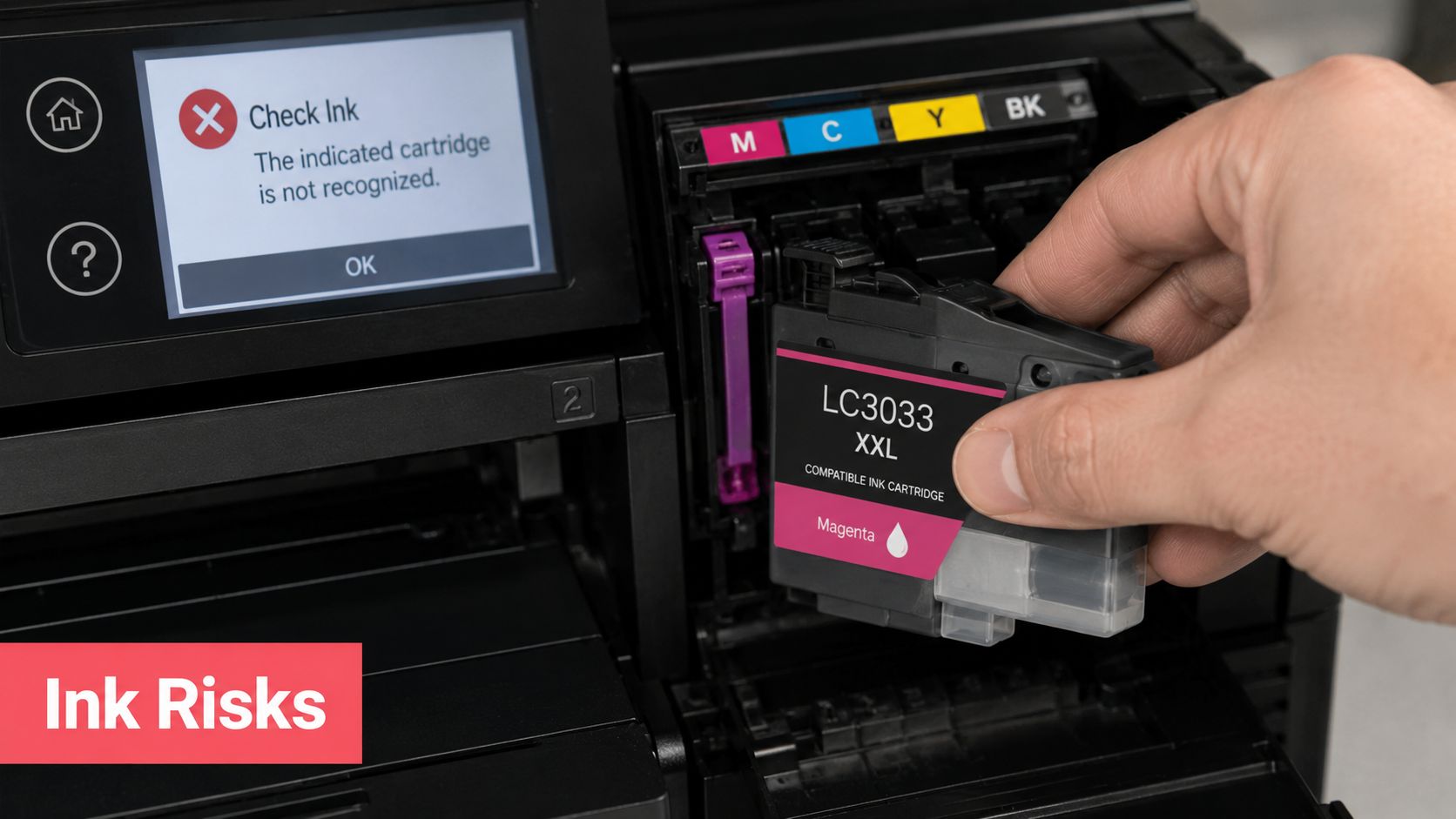 A person inserting a compatible magenta inkjet cartridge into a printer displaying a check ink error message.