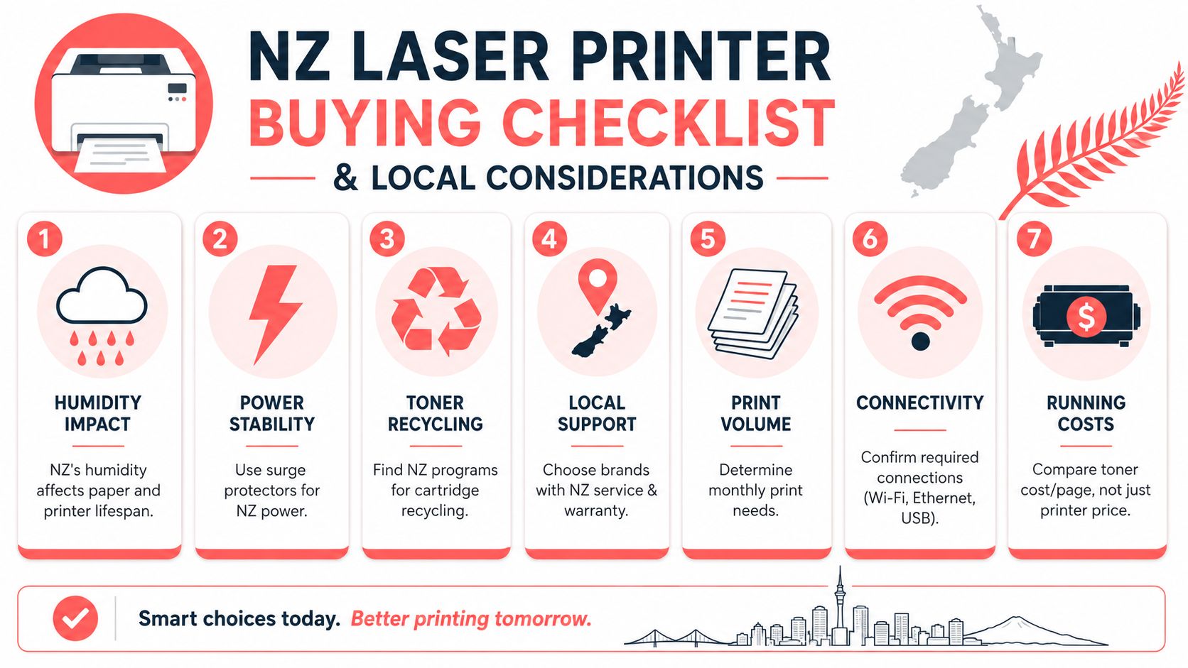 A seven-step checklist infographic for buying a laser printer considering New Zealand specific environmental and local factors.