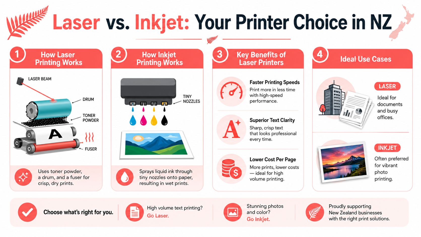 An infographic comparing laser and inkjet printer technology, benefits, and ideal use cases for users in New Zealand.