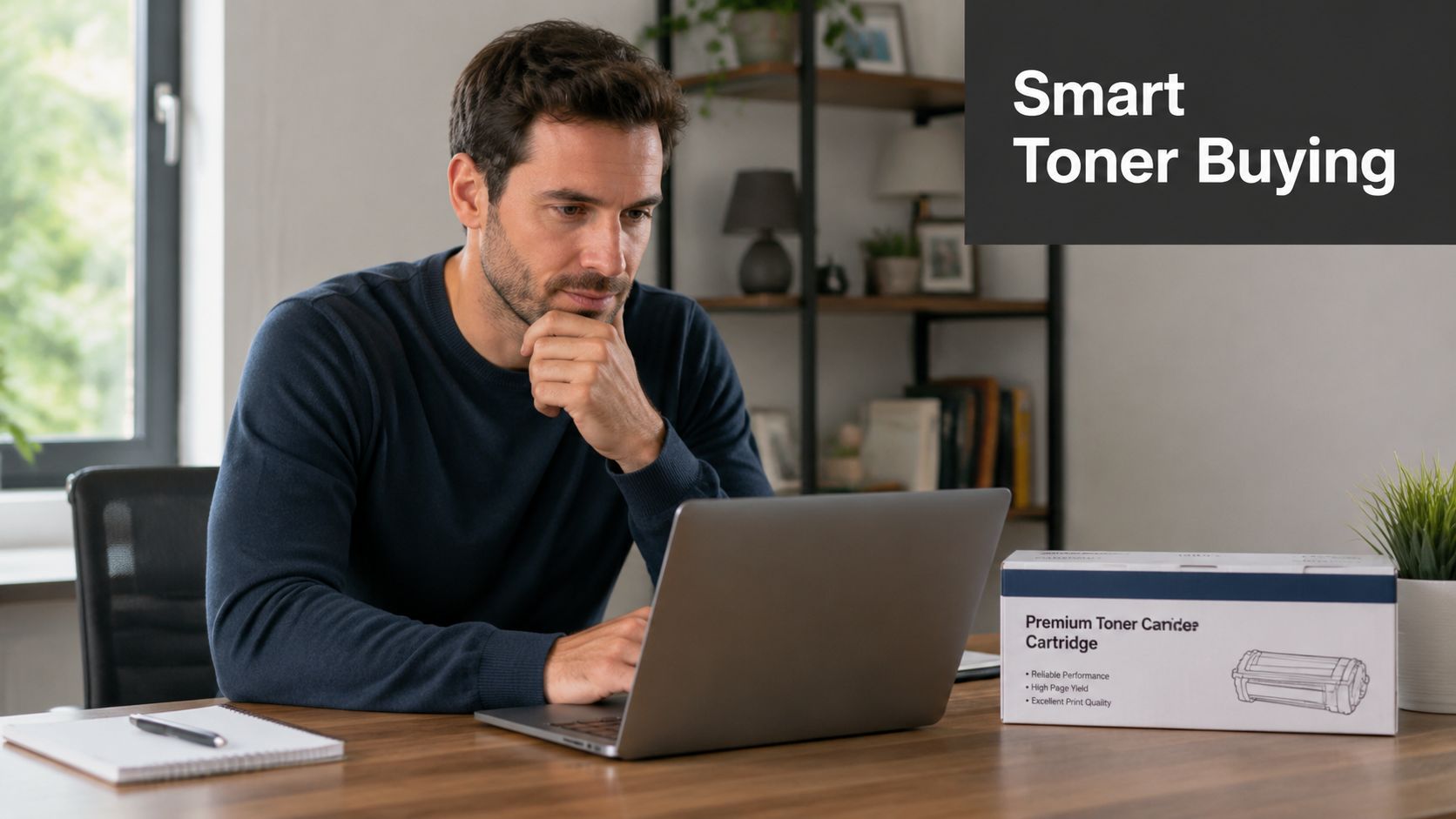 A man sitting at a desk looking at a laptop with a premium toner cartridge box nearby.